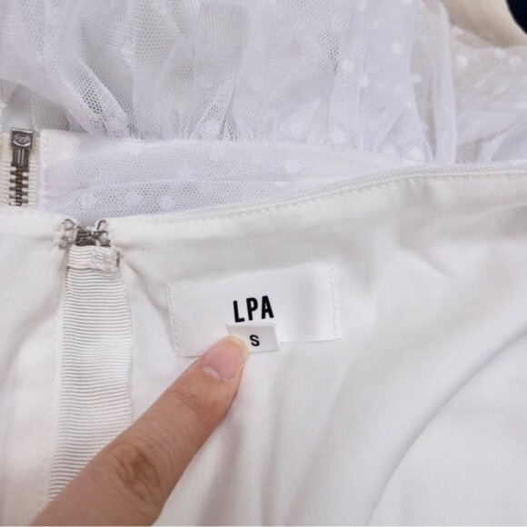 NEW LPA Dolores Top S Ivory Sheer Dot Puff Sleeve Cutout Pleated Peplum Tulle - Picture 6 of 13